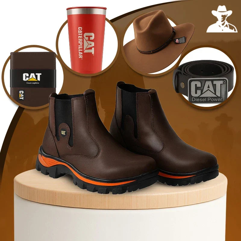 Kit Bota Masculina Adventure em Couro Legítimo e Palmilha Ortopédica +BRINDES: Chapéu, Cinto, Carteira e Copo (Copy)