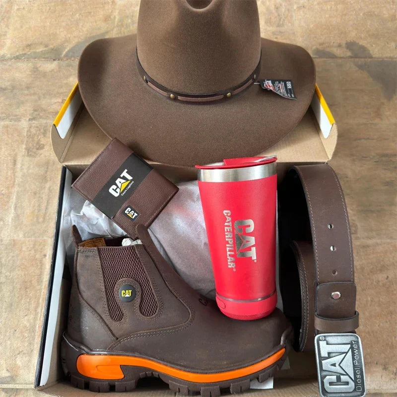 Kit Bota Masculina Adventure em Couro Legítimo e Palmilha Ortopédica +BRINDES: Chapéu, Cinto, Carteira e Copo (Copy)