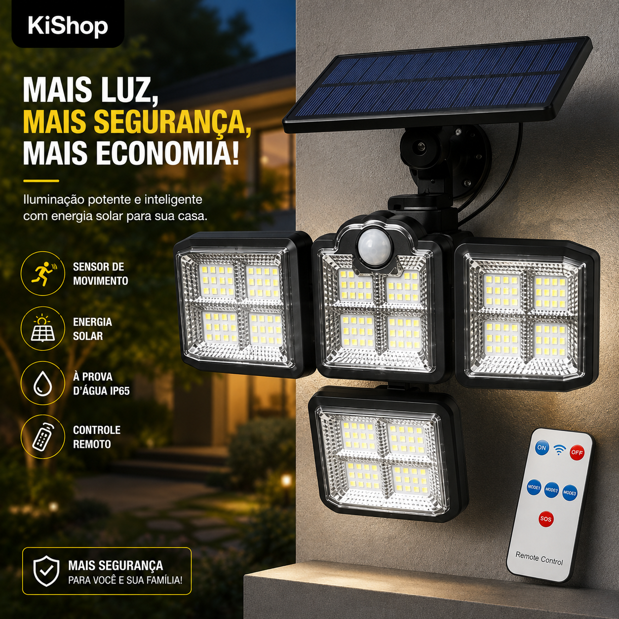 Refletor Solar LED Externo 198 LEDs com Sensor de Movimento, 4 Cabeças Dobráveis, Impermeável
