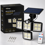 Refletor Solar LED Externo 198 LEDs com Sensor de Movimento, 4 Cabeças Dobráveis, Impermeável