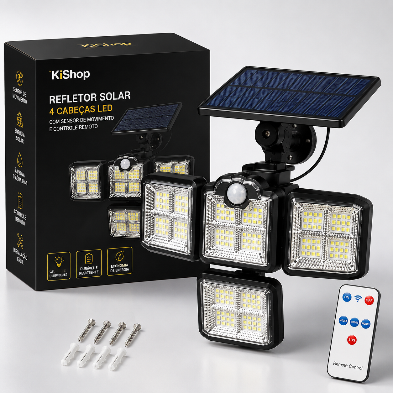 Refletor Solar LED Externo 198 LEDs com Sensor de Movimento, 4 Cabeças Dobráveis, Impermeável