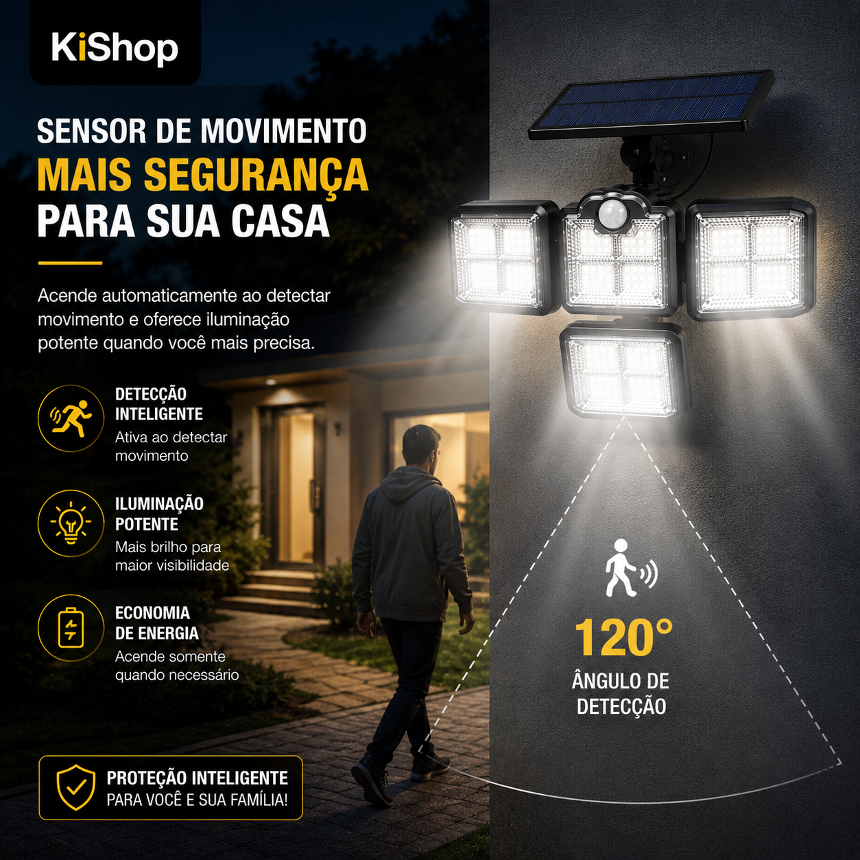 Refletor Solar LED Externo 198 LEDs com Sensor de Movimento, 4 Cabeças Dobráveis, Impermeável