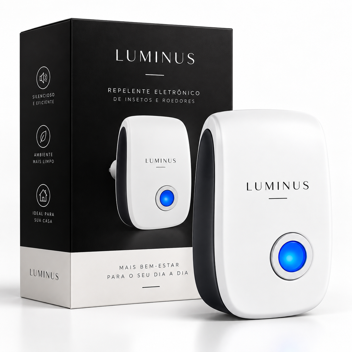 Repelente Eletrônico Ultrassônico Luminus™ Bivolt – Para Insetos e Roedores + Adaptador de Tomada GRÁTIS