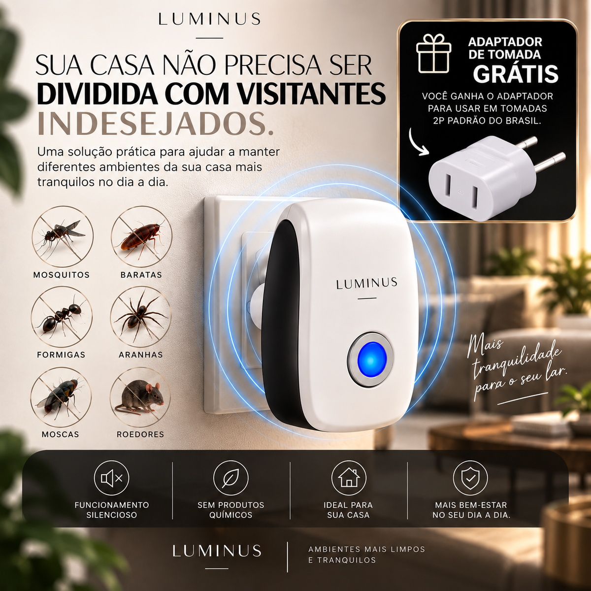 Repelente Eletrônico Ultrassônico Luminus™ Bivolt – Para Insetos e Roedores + Adaptador de Tomada GRÁTIS