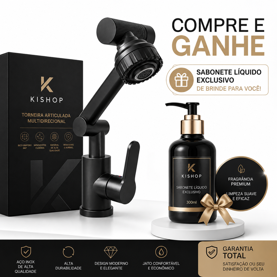 Torneira Articulada 360° Multifuncional Premium com Bico Giratório + Sabonete Líquido de Brinde