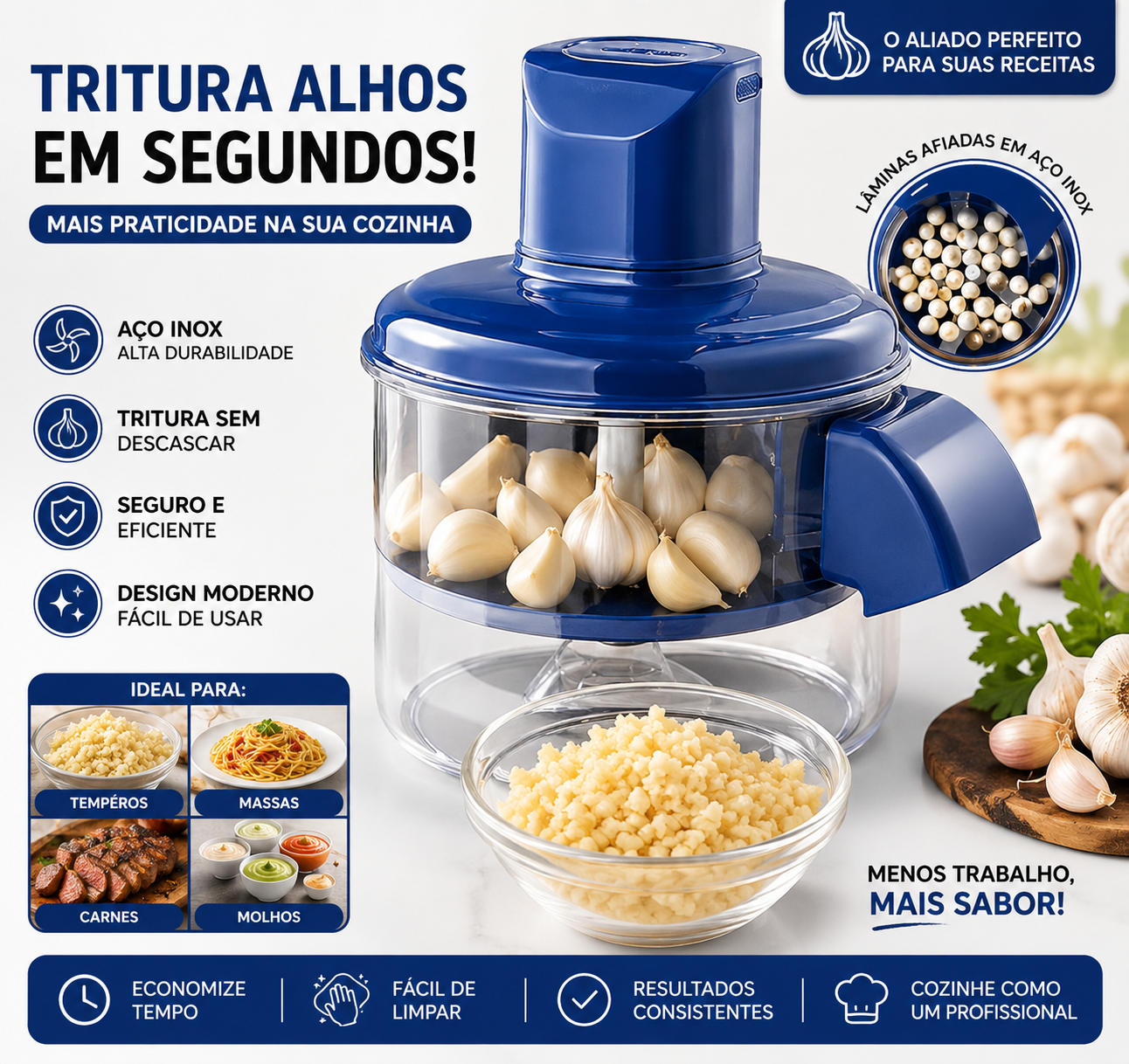 Triturador Elétrico de Alho Premium em Aço Inox – Praticidade e Agilidade na Sua Cozinha