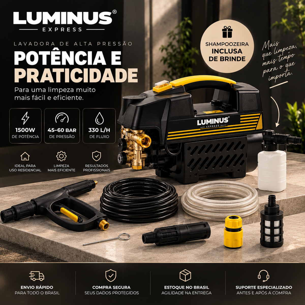 Lavadora de Alta Pressão Luminus™ Pro 1500W Bivolt + Shampoozeira Grátis.