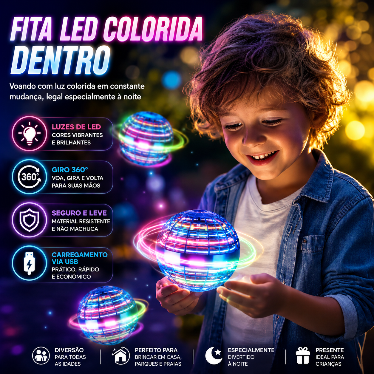 Bola Voadora Flying Spinner 360° com LED – Brinquedo Interativo Recarregável