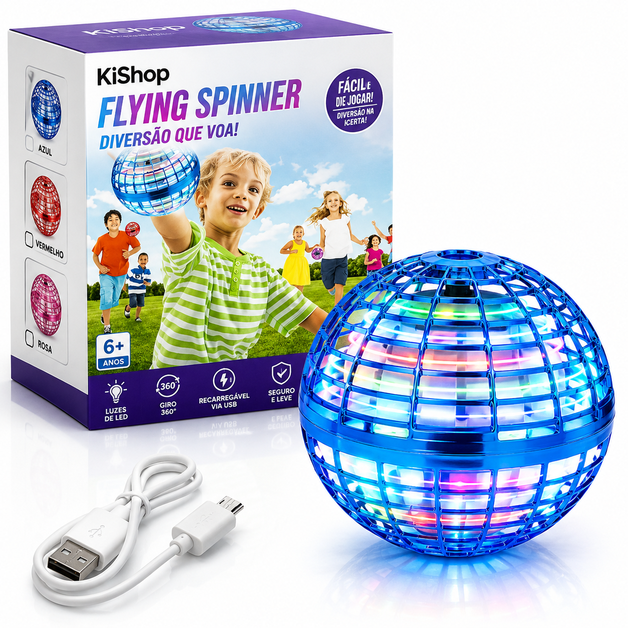 Bola Voadora Flying Spinner 360° com LED – Brinquedo Interativo Recarregável
