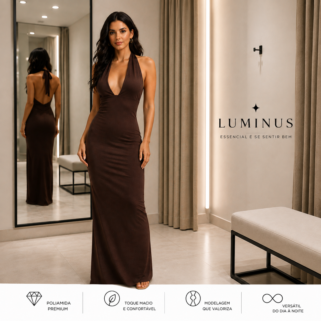 Vestido Longo Poliamida Premium Luminus™ – Elegância que Valoriza Suas Curvas