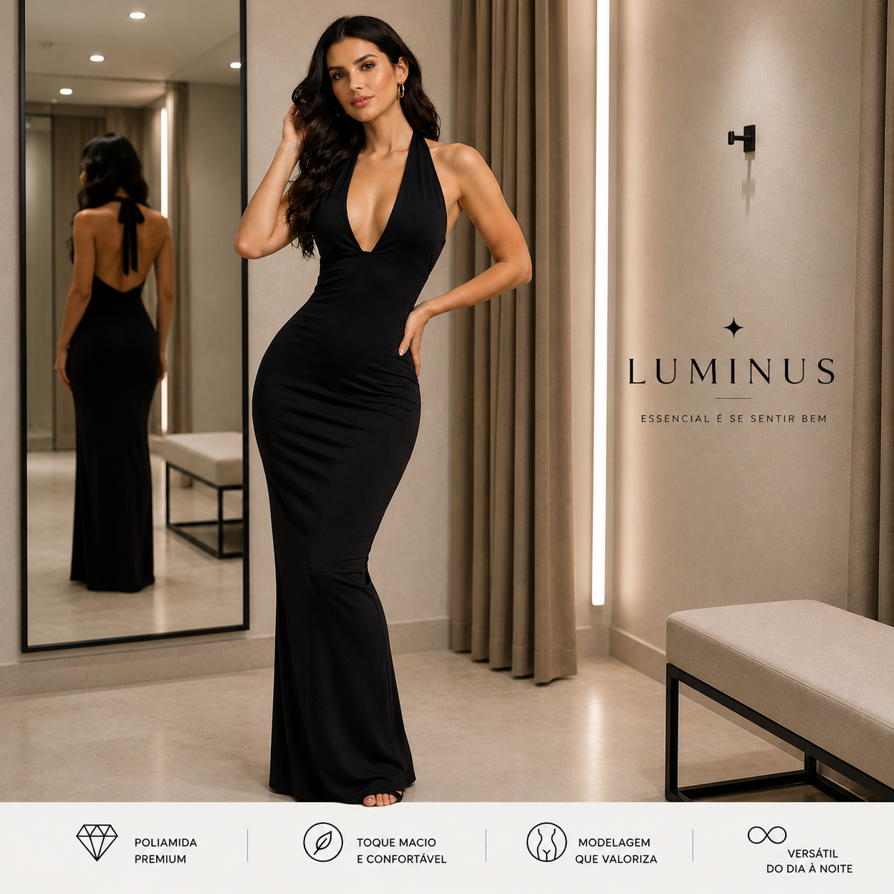 Vestido Longo Poliamida Premium Luminus™ – Elegância que Valoriza Suas Curvas