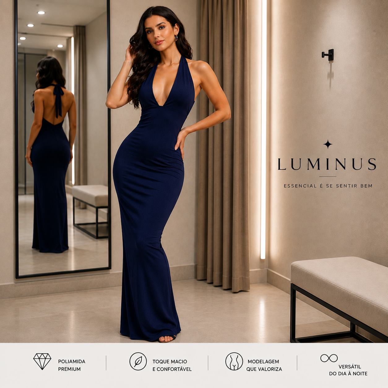 Vestido Longo Poliamida Premium Luminus™ – Elegância que Valoriza Suas Curvas