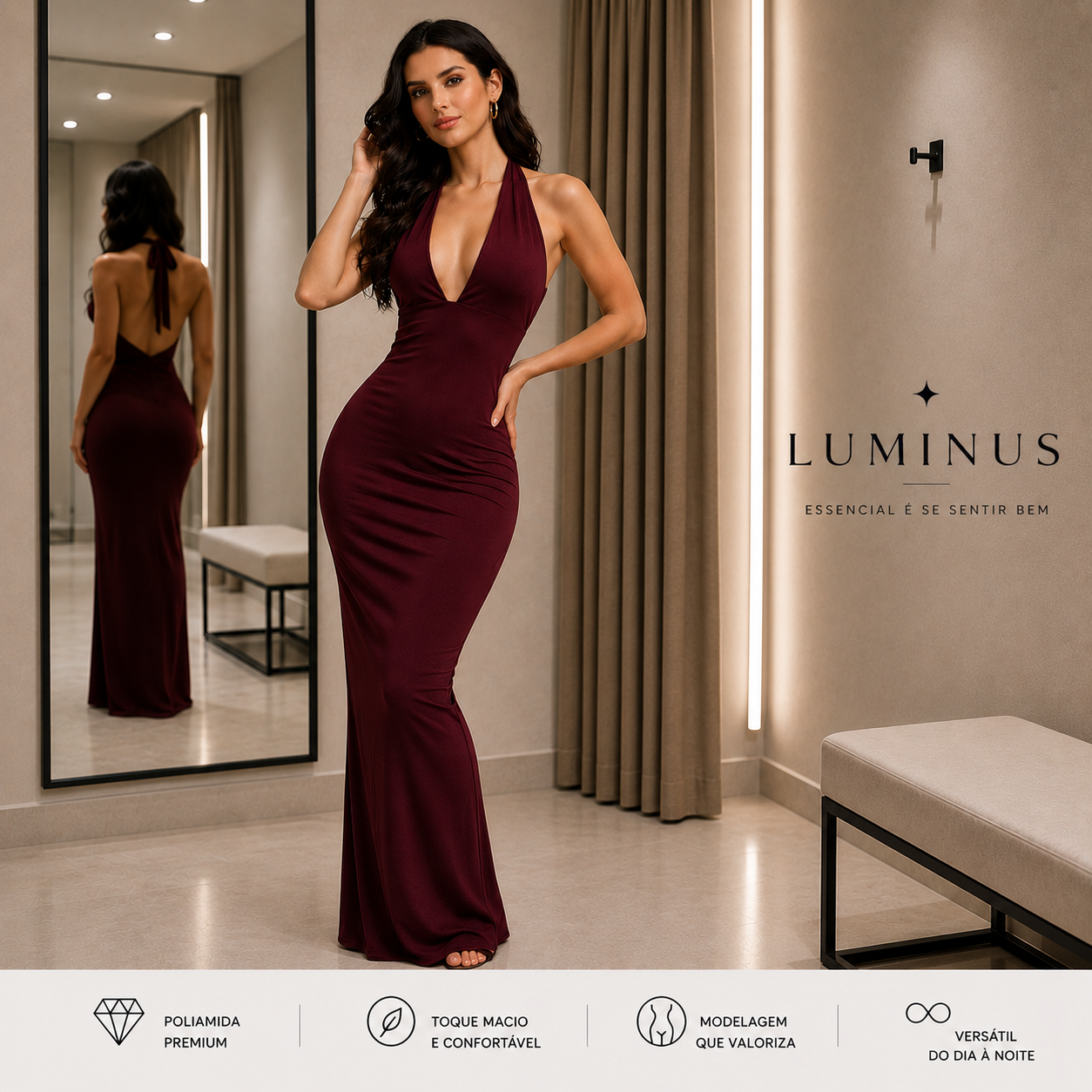 Vestido Longo Poliamida Premium Luminus™ – Elegância que Valoriza Suas Curvas