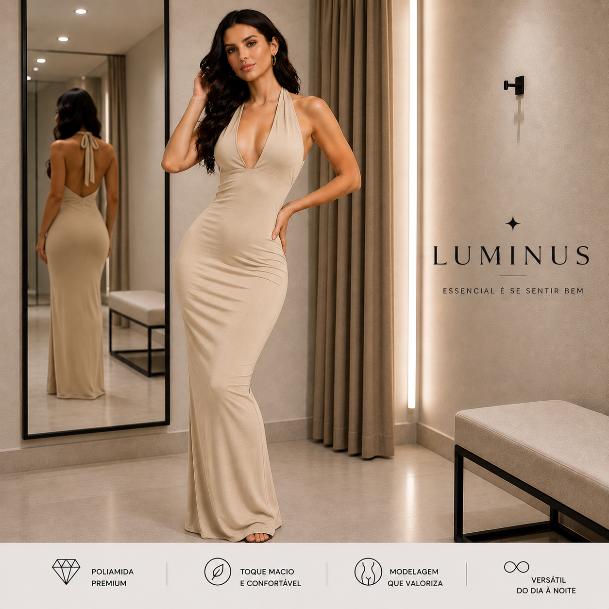 Vestido Longo Poliamida Premium Luminus™ – Elegância que Valoriza Suas Curvas