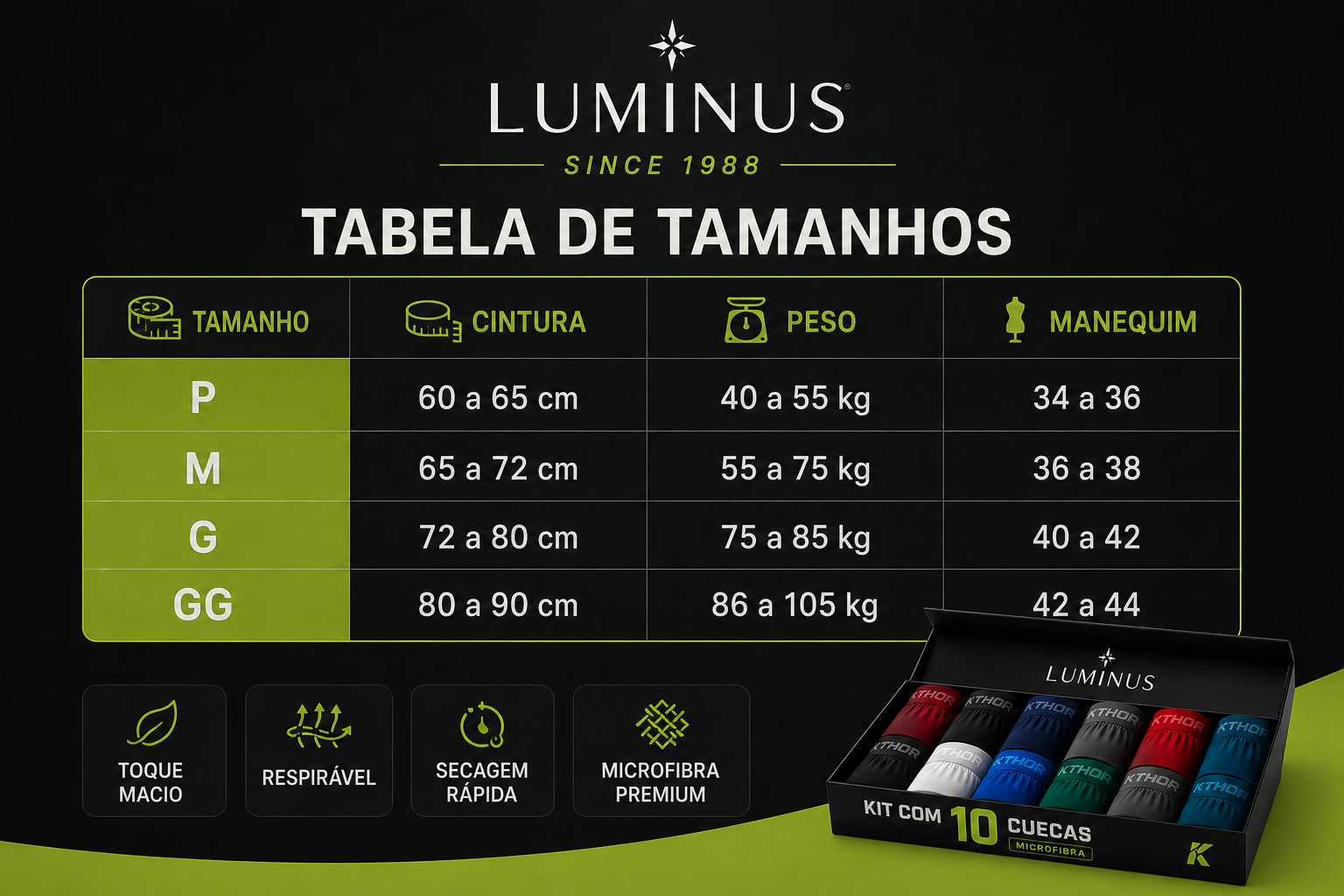 Kit 10 Cuecas Masculinas Luminus™ – Microfibra Premium, Conforto e Respirabilidade