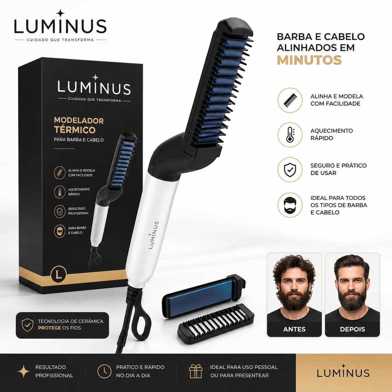 Modelador Térmico Luminus™ 2 em 1 – Barba Alinhada e Cabelo Modelado em Minutos