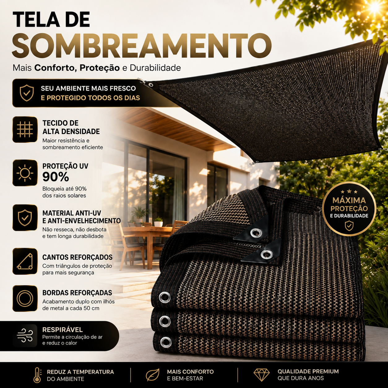 Tela de Sombreamento Luminus™ – Proteção UV e Conforto para Áreas Externas