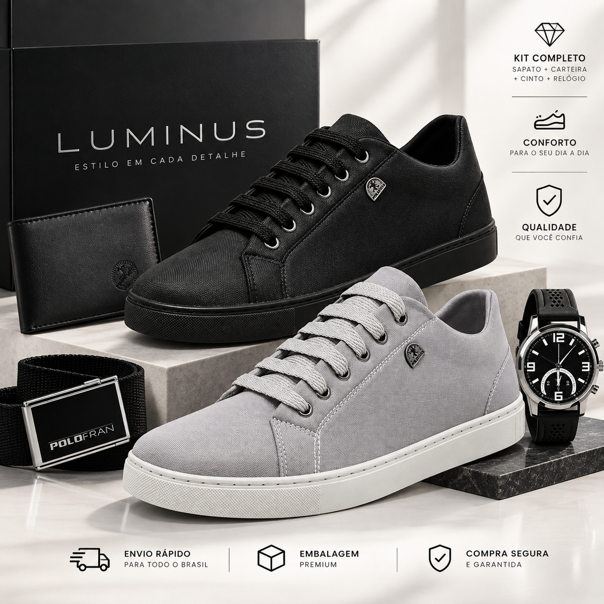 Kit Masculino Luminus 4 em 1 – Tênis + Relógio + Carteira + Cinto