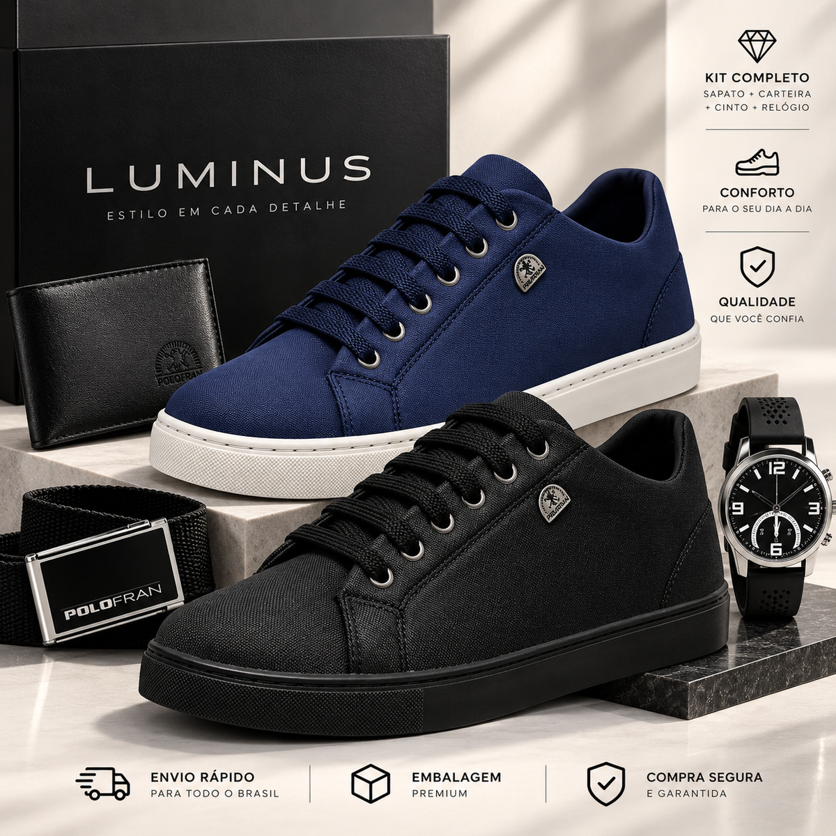 Kit Masculino Luminus 4 em 1 – Tênis + Relógio + Carteira + Cinto