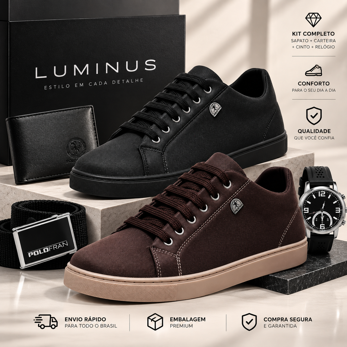 Kit Masculino Luminus 4 em 1 – Tênis + Relógio + Carteira + Cinto
