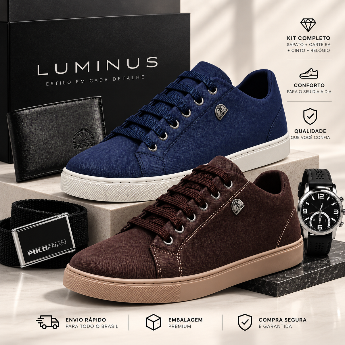 Kit Masculino Luminus 4 em 1 – Tênis + Relógio + Carteira + Cinto