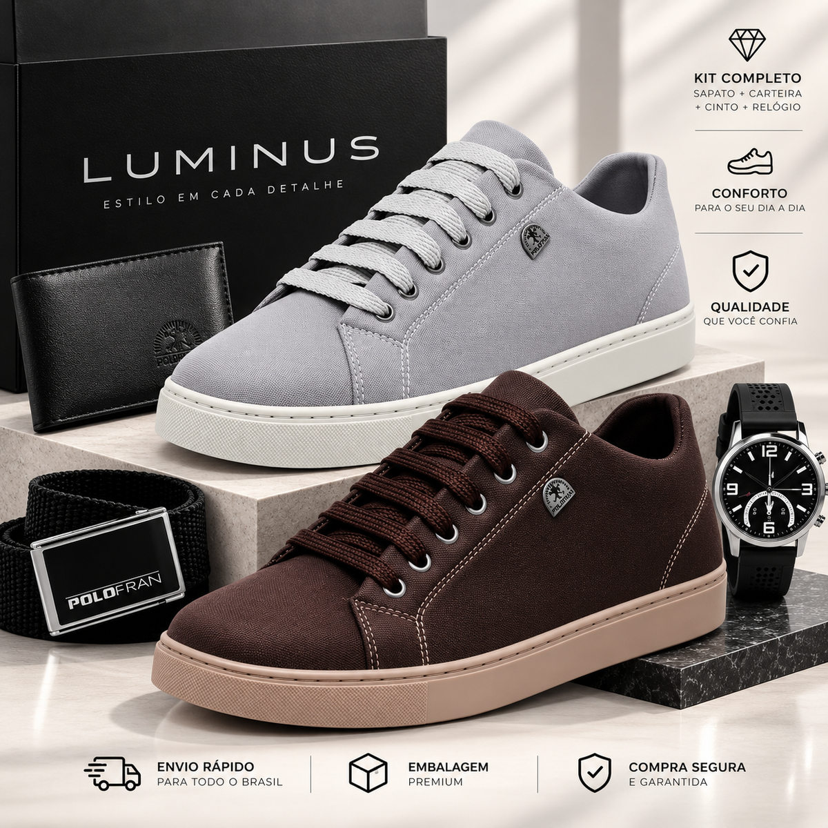 Kit Masculino Luminus 4 em 1 – Tênis + Relógio + Carteira + Cinto