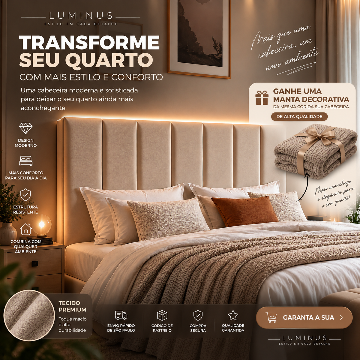 Cabeceira Modular Estofada Luminus + Manta Decorativa de Brinde