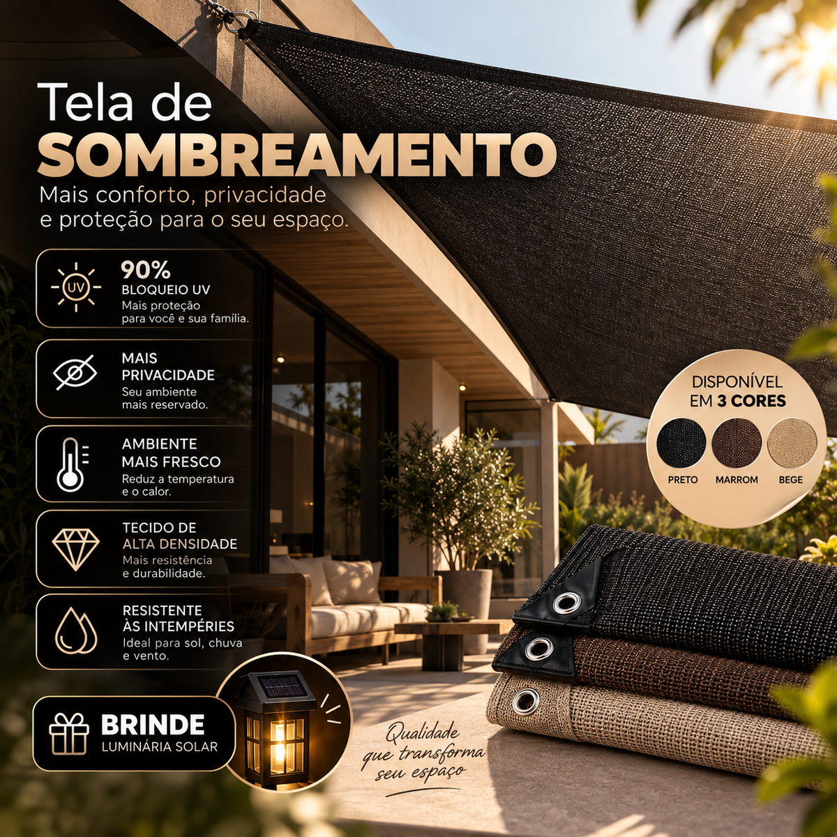 Tela de Sombreamento Luminus™ – Proteção UV e Impermeável Contra Chuvas - Conforto para Áreas Externas + BRINDE EXCLUSIVO