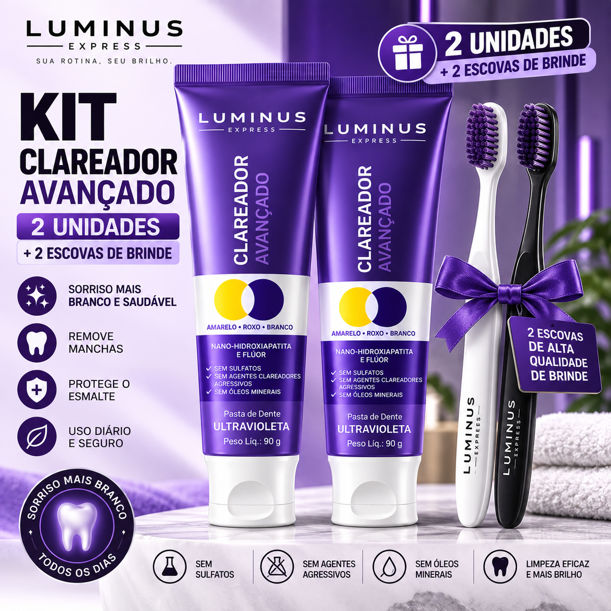 Luminus Purple – Clareamento e Cuidado Diário + Escova Plus de Brinde