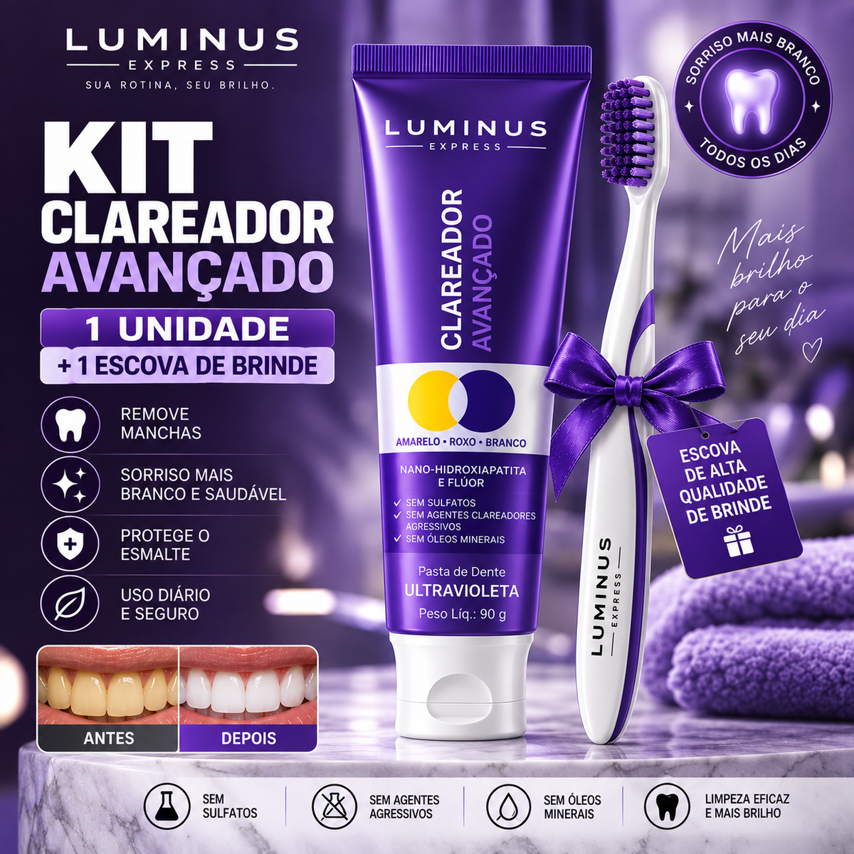 Luminus Purple – Clareamento e Cuidado Diário + Escova Plus de Brinde