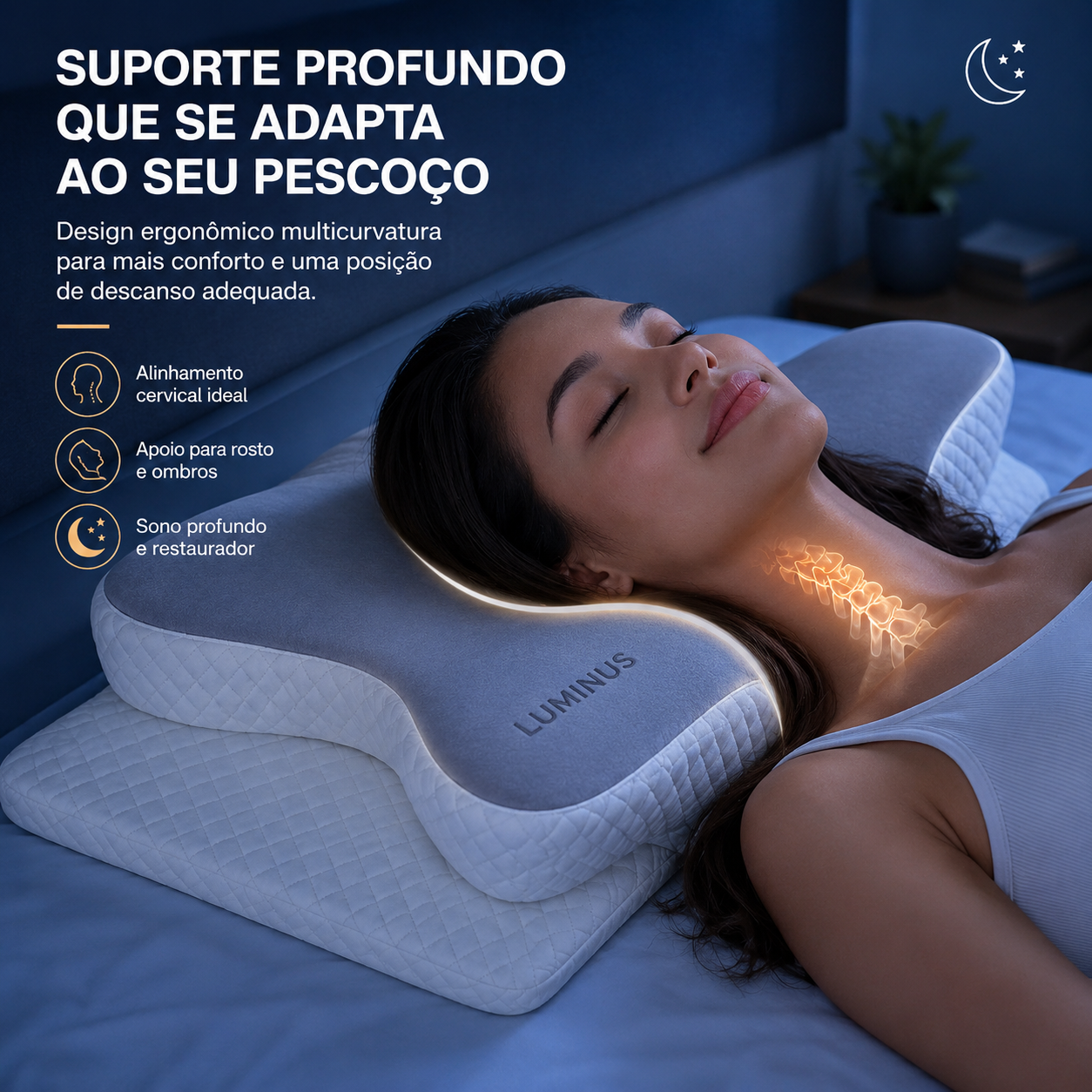 Travesseiro Ergonômico Luminus™ Deep Sleep – Suporte Cervical com Espuma Viscoelástica