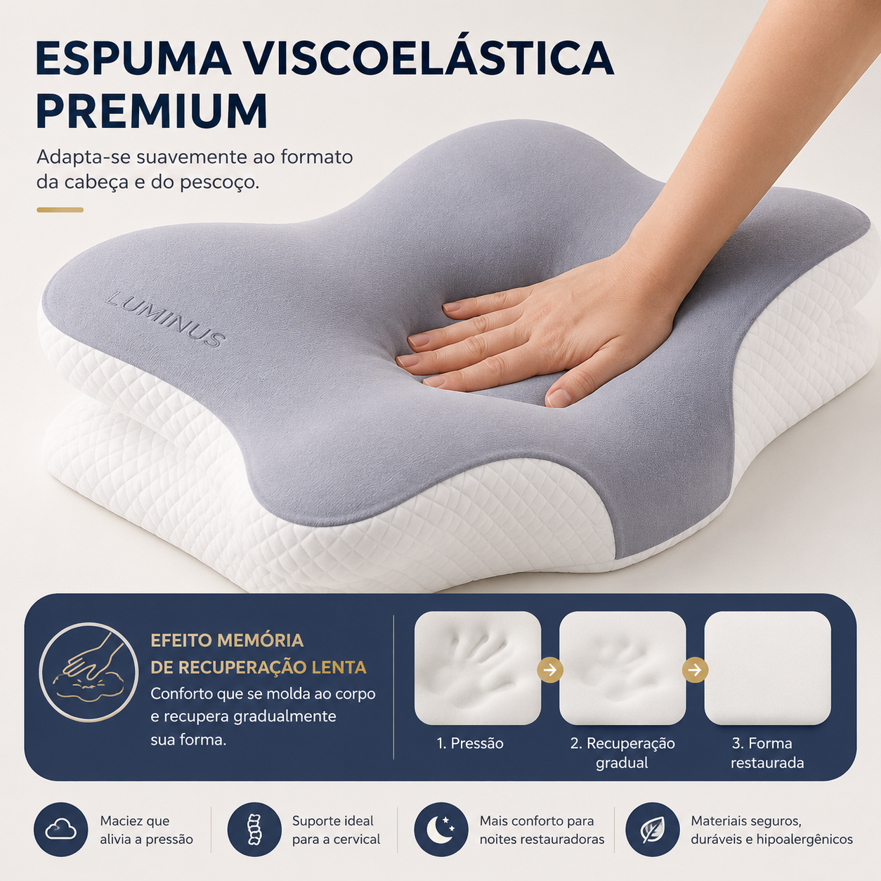 Travesseiro Ergonômico Luminus™ Deep Sleep – Suporte Cervical com Espuma Viscoelástica