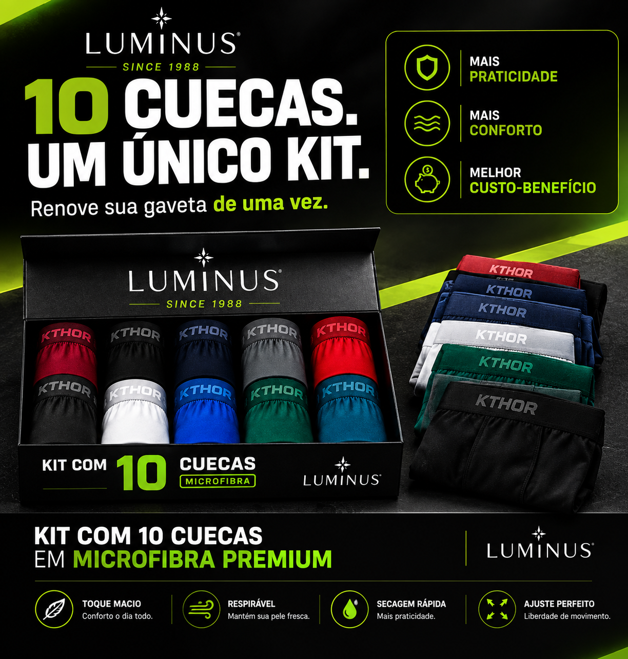 Kit 10 Cuecas Masculinas Luminus™ – Microfibra Premium, Conforto e Respirabilidade