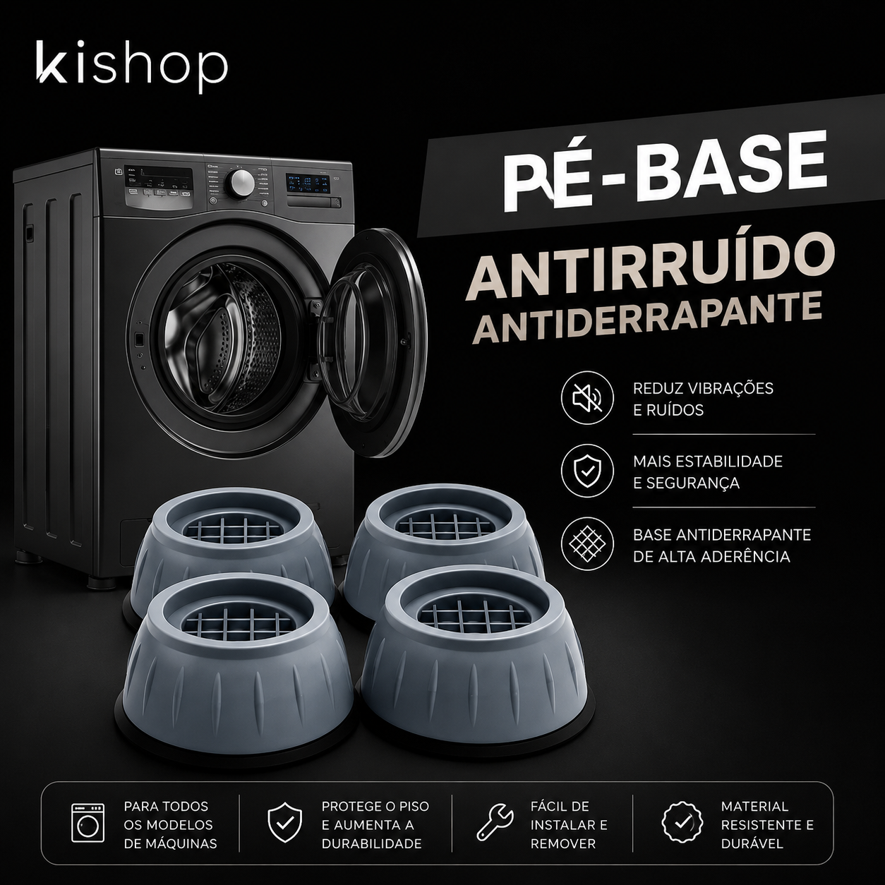 Kit com 4 Pés Anti Vibração Para Máquina de Lavar